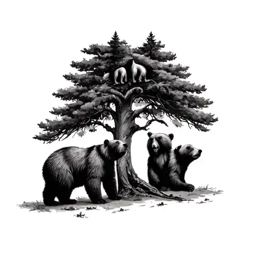 tree with 3 bear cubs climbing and bear on ground looking up at them tattoo design idea
