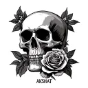 skull with rose in its mouth and skull have name AKSHAT graves on it tattoo design idea