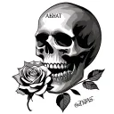 skull with rose in its mouth and skull have name AKSHAT graves on it tattoo design idea