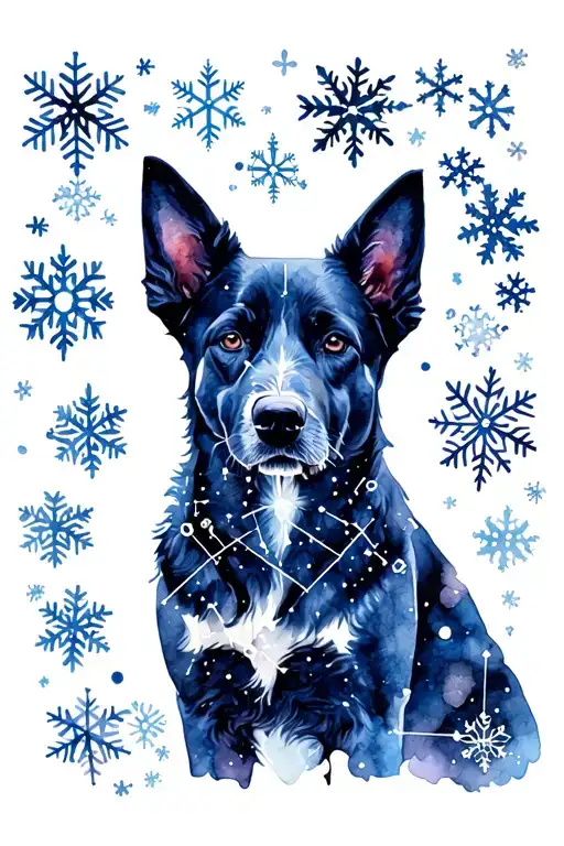 canis major constellation made of snowflakes inside a dog silhouette tattoo design idea