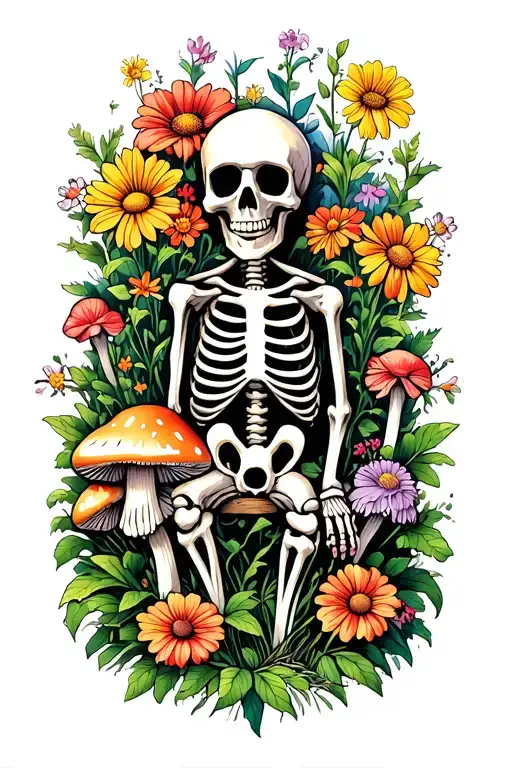 Skeleton gardener surrounded by flowers and mushrooms tattoo design idea