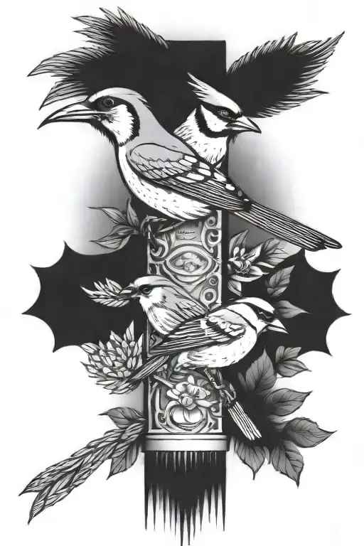 cardinal, blue jay, lilac breasted roller, cedar waxwing, carolina wren, oriole, blackcollar barbet on trippy totem pole tattoo design idea