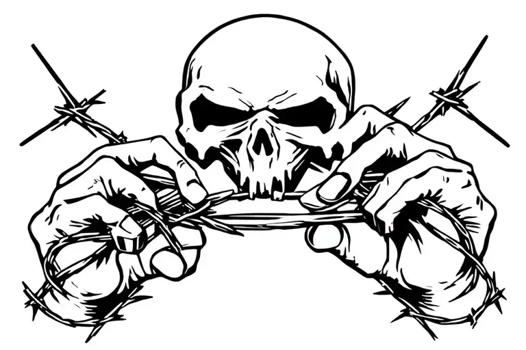 Reaper holding brass knuckles with bloody barbed wire wrapped around it and make it eerie tattoo design idea