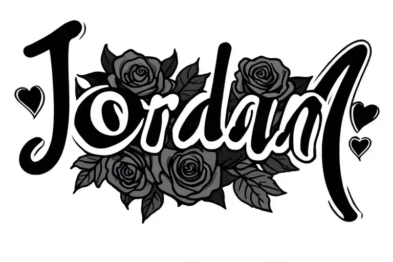 the name Jordan with roses and hearts in a 90s feminine style tattoo design idea