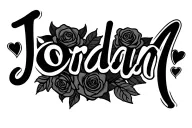 the name Jordan with roses and hearts in a 90s feminine style tattoo design idea