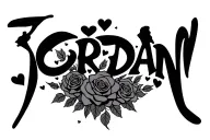 the name Jordan with roses and hearts in a 90s feminine style tattoo design idea