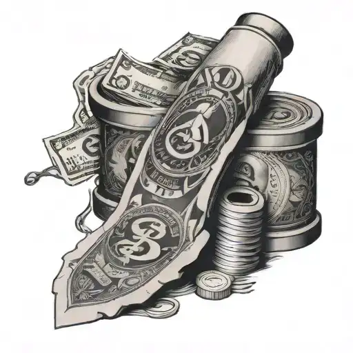 dollar bill crushing a pill while a razor blade and lighter watch tattoo design idea