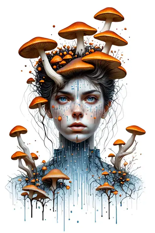 matrix style lady face with mushrooms coming out of head "the last of us" inspired" tattoo design idea