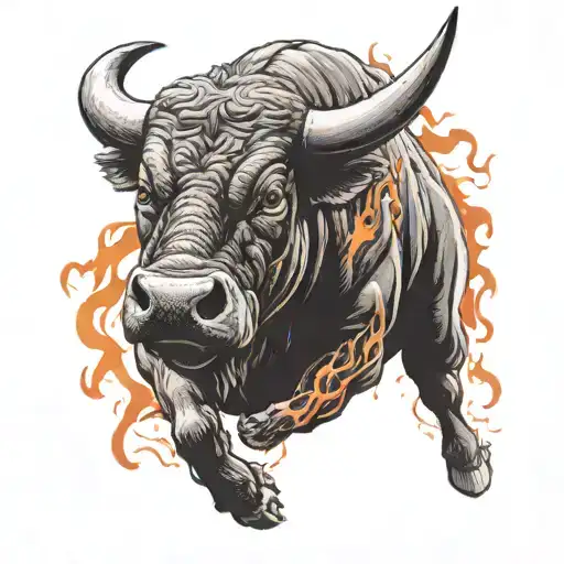bull charging forward with strong and mean face red eyes with flames falling behind the bull tattoo design idea