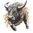 bull charging forward with strong and mean face red eyes with flames falling behind the bull tattoo design idea