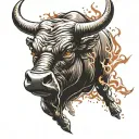bull charging forward with strong and mean face red eyes with flames falling behind the bull tattoo design idea