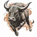 bull charging forward with strong and mean face red eyes with flames falling behind the bull tattoo design idea
