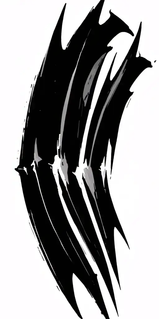 A minimalist, sharp-lined V-shaped fang or claw mark, composed of three jagged black strokes, descending diagonally like tattoo design idea