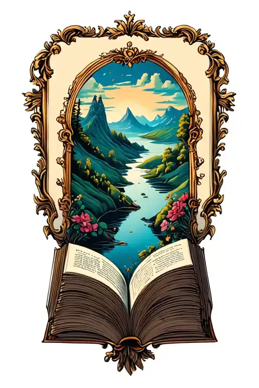 open book below hillside simple baroque frame tattoo design idea