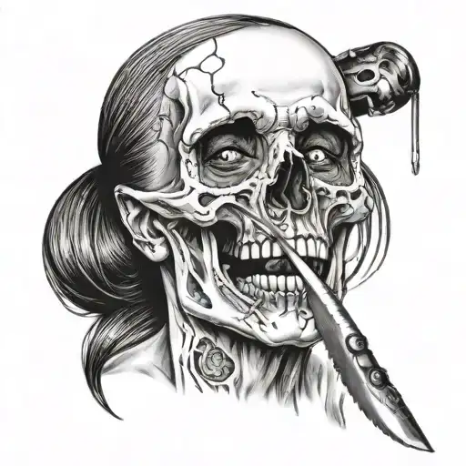Dead woman skull holding knife in mouth tattoo design idea