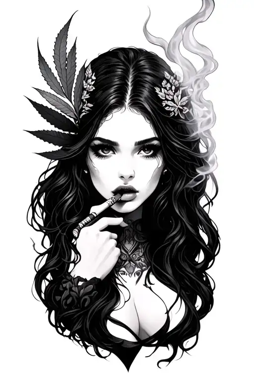 A dark fantasy tattoo design featuring a beautiful but fierce girl with long, dark hair and smoked cannabis cigarett tattoo design idea