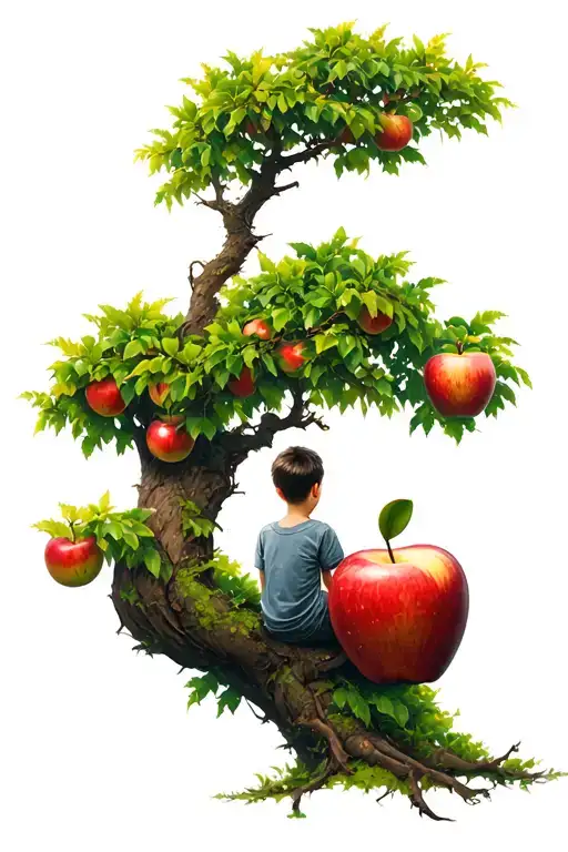 apple tree and there are a boy sitting on the tree. visualisation of back tattoo design idea