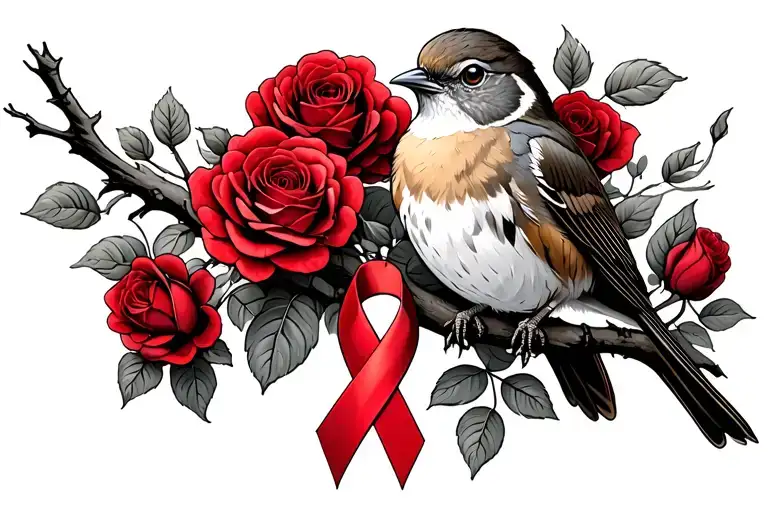 Robin sitting on branch surrounded by a lot of red roses with a cancer ribbon hanging off the end of it tattoo design idea