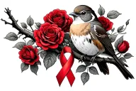 Robin sitting on branch surrounded by a lot of red roses with a cancer ribbon hanging off the end of it tattoo design idea