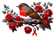 Robin sitting on branch surrounded by a lot of red roses with a cancer ribbon hanging off the end of it tattoo design idea