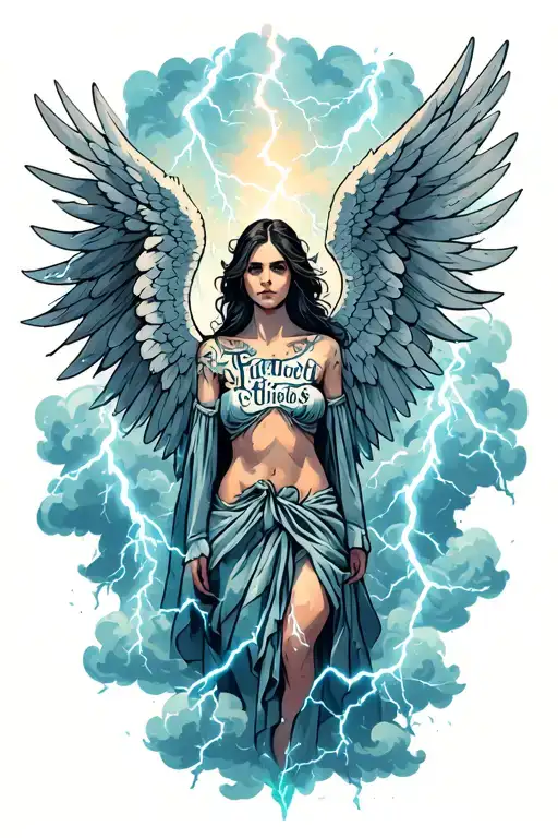 broken angel words coming out of a storm clouds with lightning tattoo design idea