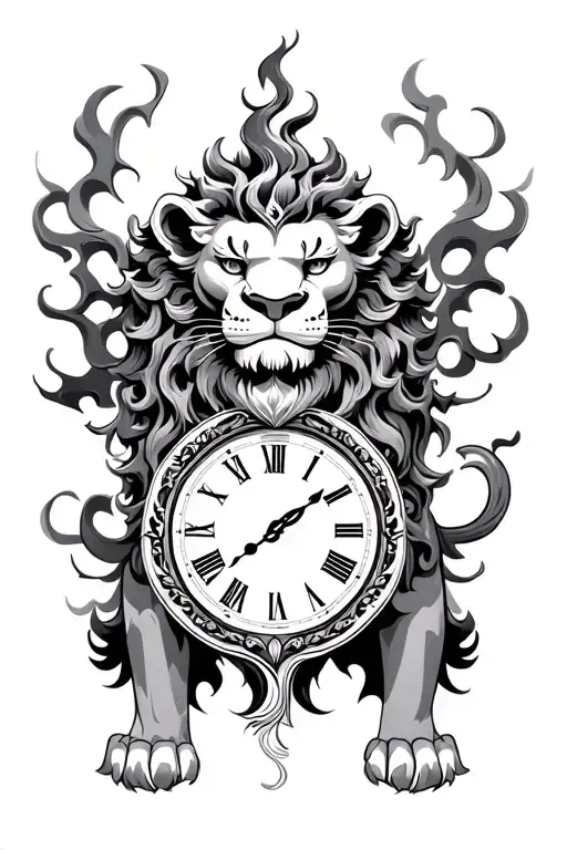lion, clock, Chinese symbol tattoo design idea