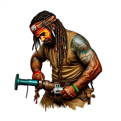 "Indigenous Plumbing " dreadlock painted face Native American plumber using drill tattoo design idea