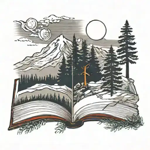 evergreen trees, mountains, book open, moon tattoo design idea