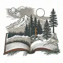 evergreen trees, mountains, book open, moon tattoo design idea