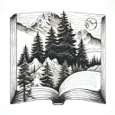 evergreen trees, mountains, book open, moon tattoo design idea