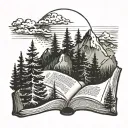 evergreen trees, mountains, book open, moon tattoo design idea