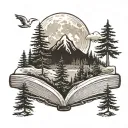 evergreen trees, mountains, book open, moon tattoo design idea