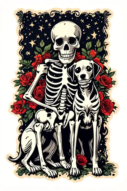 skeleton and dog sitting tattoo design idea