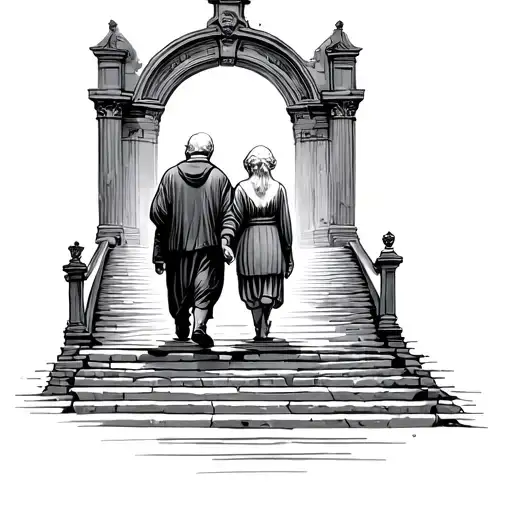 old man and old a woman walking on stairs into heaven gates tattoo design idea