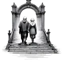 old man and old a woman walking on stairs into heaven gates tattoo design idea