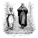 old man and old a woman walking on stairs into heaven gates tattoo design idea