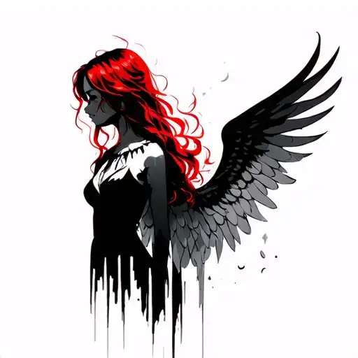 silhouette of a red -haired girl with angel wings in fire tattoo design idea