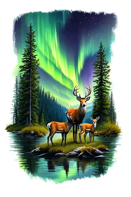 family of Deer in nature, northern lights, lake tattoo design idea