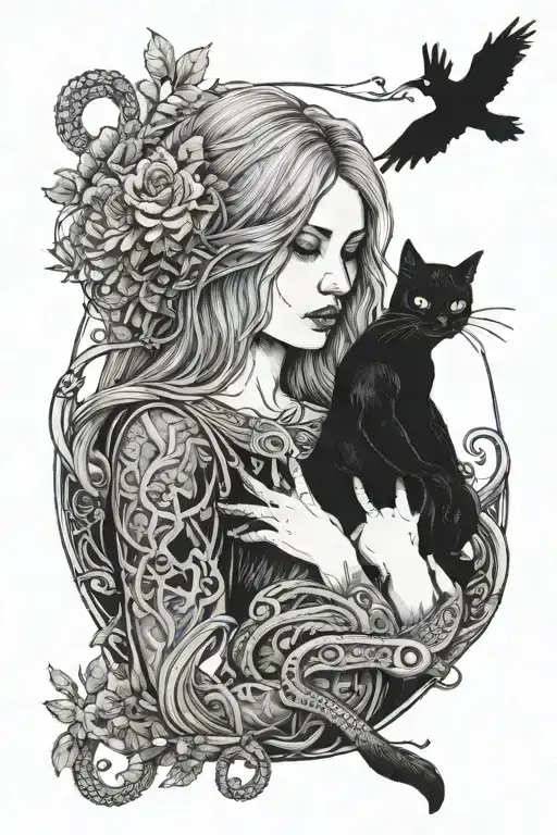 ghostly girl holding cat with nature background with snakes tattoo design idea