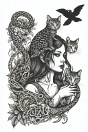 ghostly girl holding cat with nature background with snakes tattoo design idea