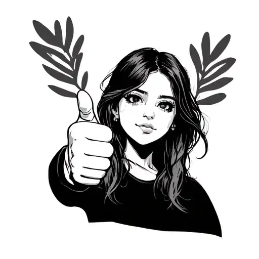 Girl showing thumbs up with one hand away from me, slightly looking at me, simple looking tattoo drawn with one line  tattoo design idea