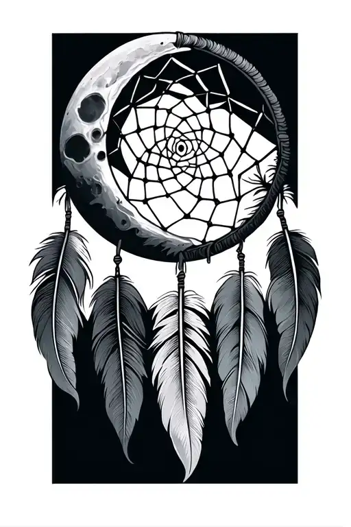 dreamcatcher with moon 3 feathers  tattoo design idea