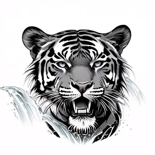 Tiger climbing waterfall detailed tattoo design idea