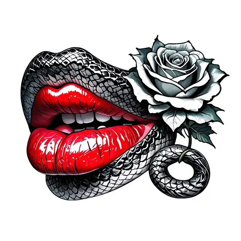 Red lips with Jackye wrote on the lips with no skulls with a giant rose and snake in the background  tattoo design idea