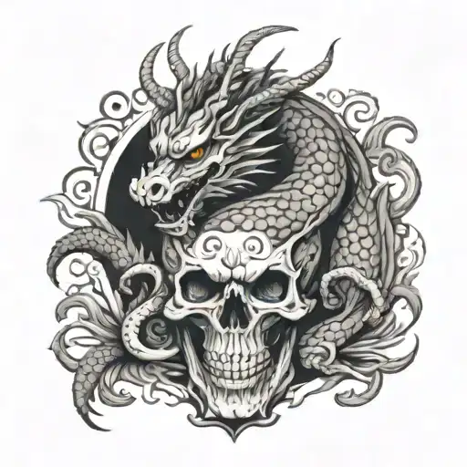Japanese dragon sitting on a skull tattoo design idea