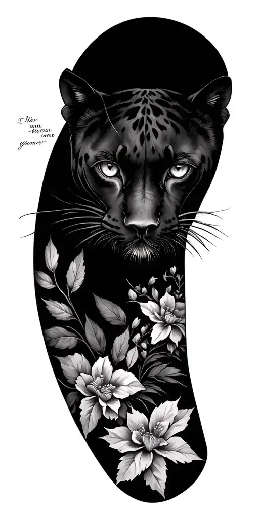 Panther eyes, foliage, triple crosses, bible verse on bicep, floral filler tattoo design idea