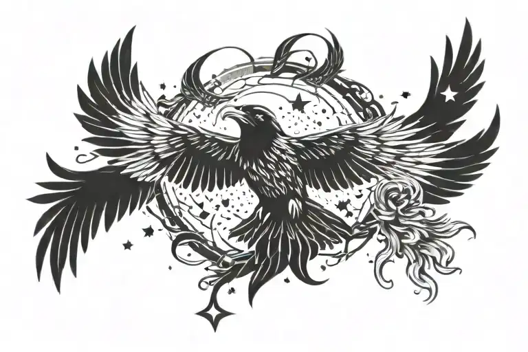 flying raven with outstretched wings, star of Rus', 2 bears tattoo design idea