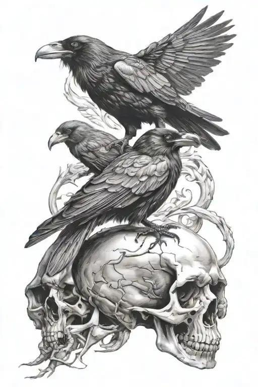 Raven sitting on the skull tattoo design idea