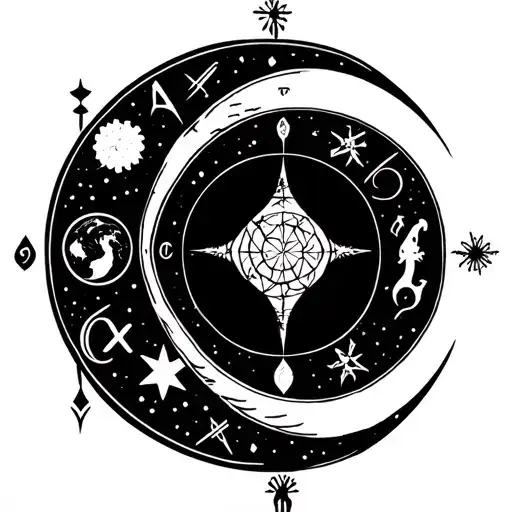 black crescent moon with the horoscope symbols for Aquarius above, Taurus to the right, Cancer below, Virgo to the left tattoo design idea