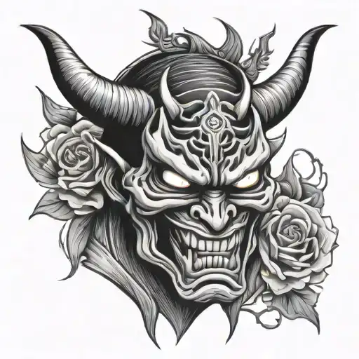 Demonic menacing scary japanese hannya in skull style face with angry rectangular eyes facing straight in black & white tattoo design idea